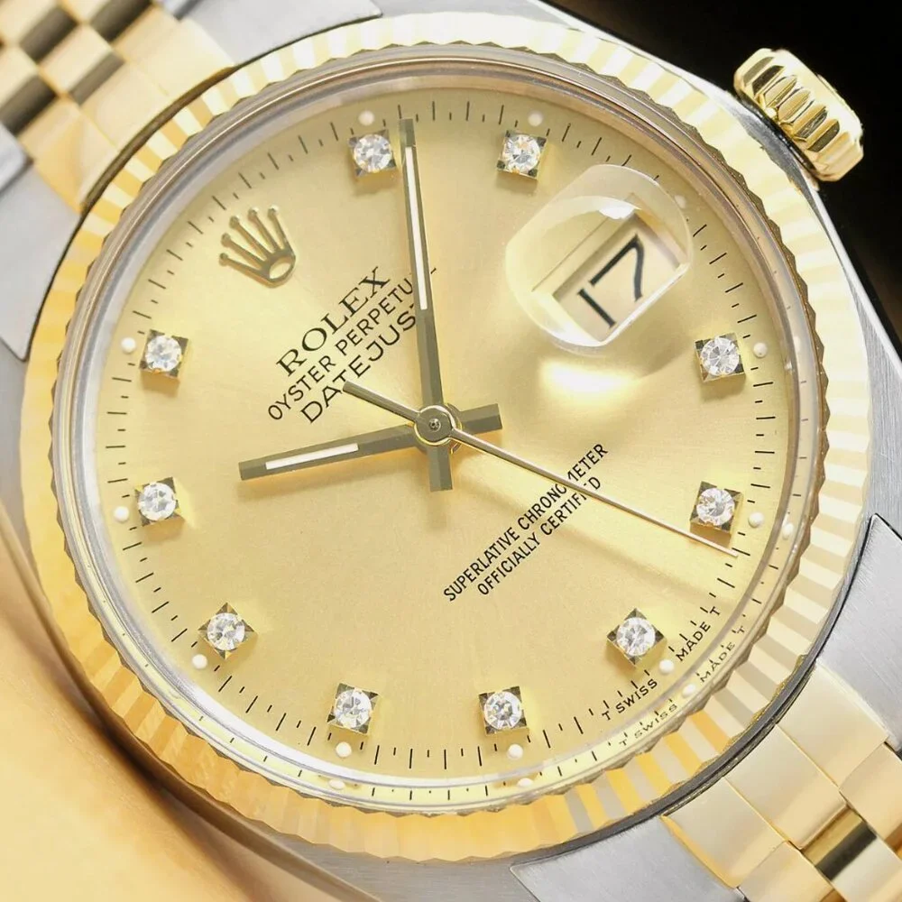 ROLEX MENS DATEJUST FACTORY DIAMOND DIAL TWO-TONE QUICKSET WATCH + ROLEX
